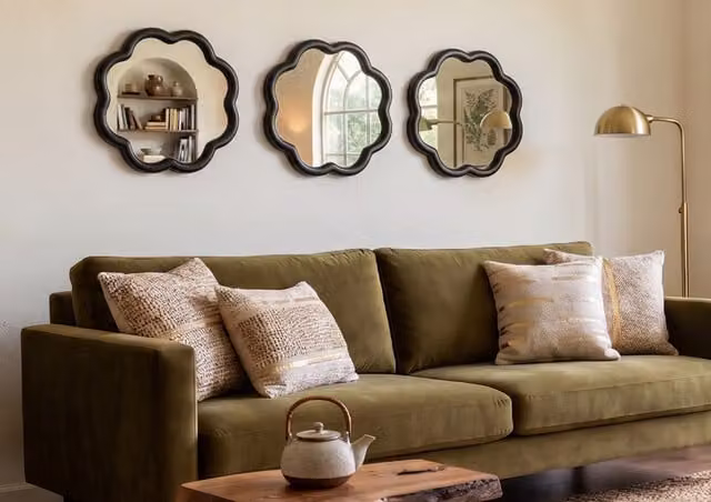DEENZ Set of 3 Round Wavy Gold and Black Plastic Wall Mirrors, Diameter: 25 cm