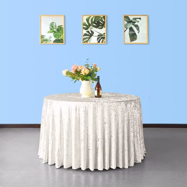 Trimming Shop Plain Crushed Velvet Round Tablecloth, Ivory, 274 cm