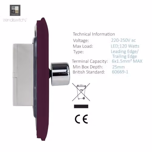 Trendi Switch 4 Gang 150w Rotary LED Dimmer Light Switch in Plum Purple – 3