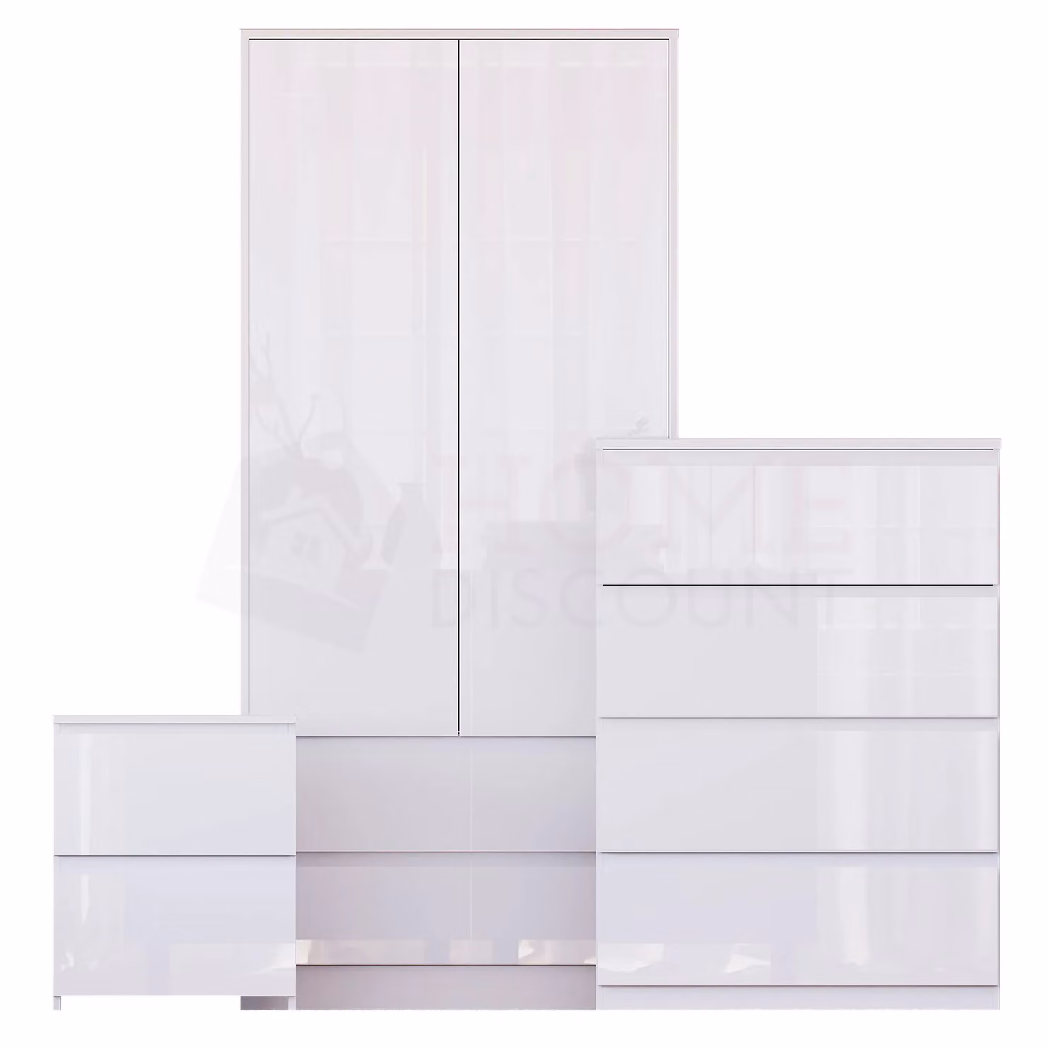 Vida Designs Glinton 3 Piece White Glossy Bedroom Set Including 2 Bedside Tables, 4 Drawer Chest and Wardrobe – 2
