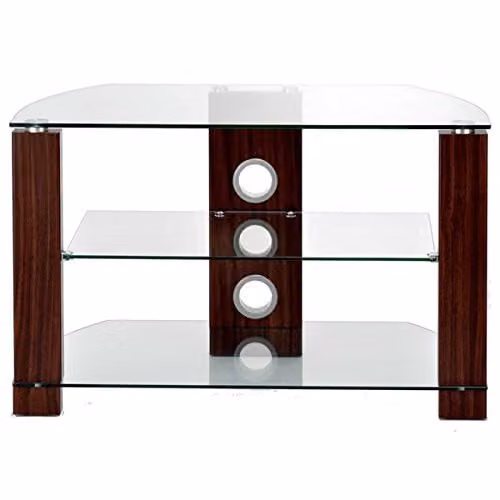 TTAP GROUP Modern Clear Glass TV Stand with Walnut Legs for TVs up to 37-Inch, Brown and Transparent