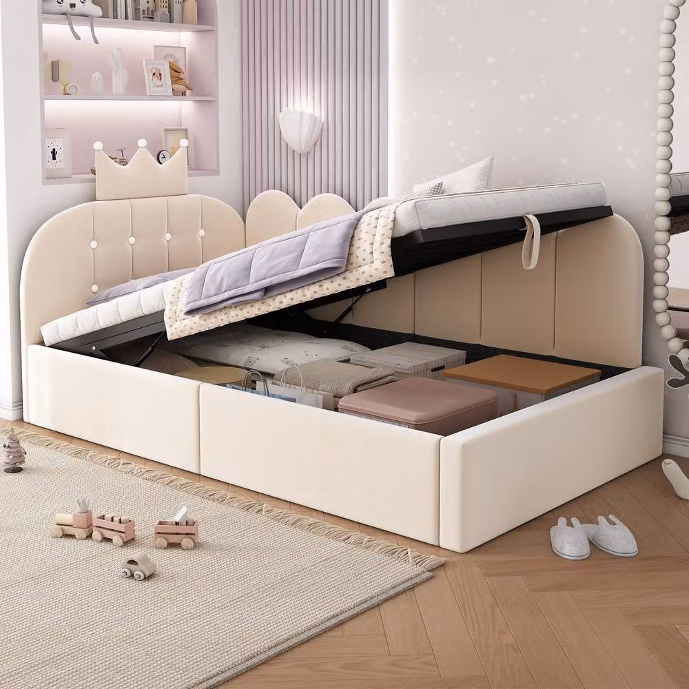 Rolipo Beige Velvet Upholstered 3FT Single Daybed with Hydraulic Storage and Asymmetric Chaise, W/D/H: 90 x 190 cm – 5