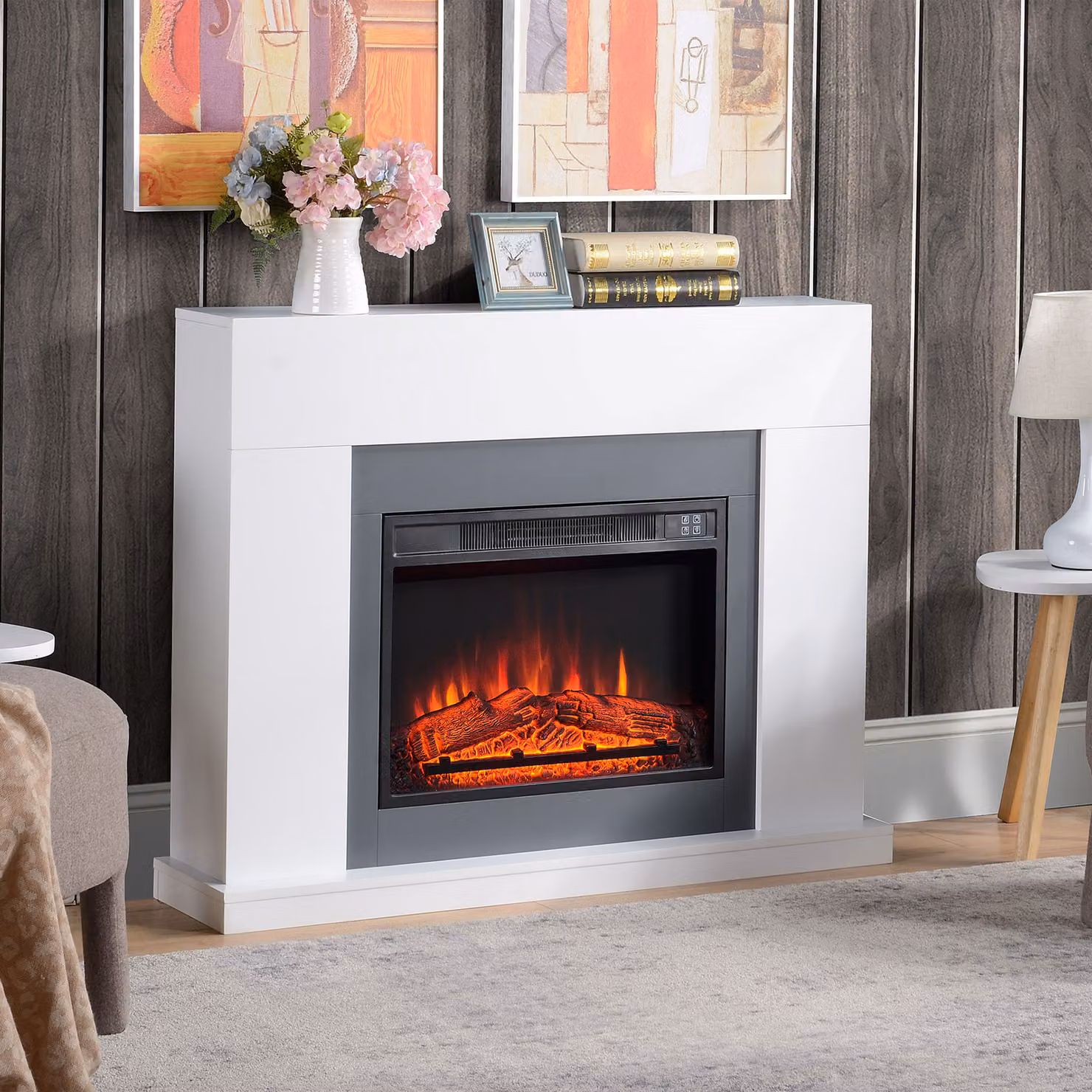 HOMCOM Electric Fireplace Suite with Remote Control, 2000W Freestanding Heater with LED Flame Effect, White – 2
