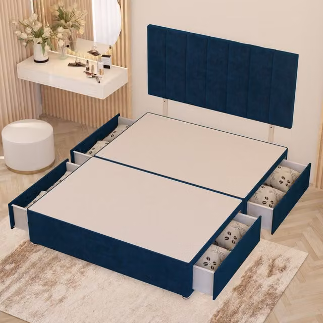 Somnior Beds Ltd Austin Divan Bed Base with 32 inch Headboard in Blue Velvet with Storage Drawers, W/D/H: 120 x 200 cm