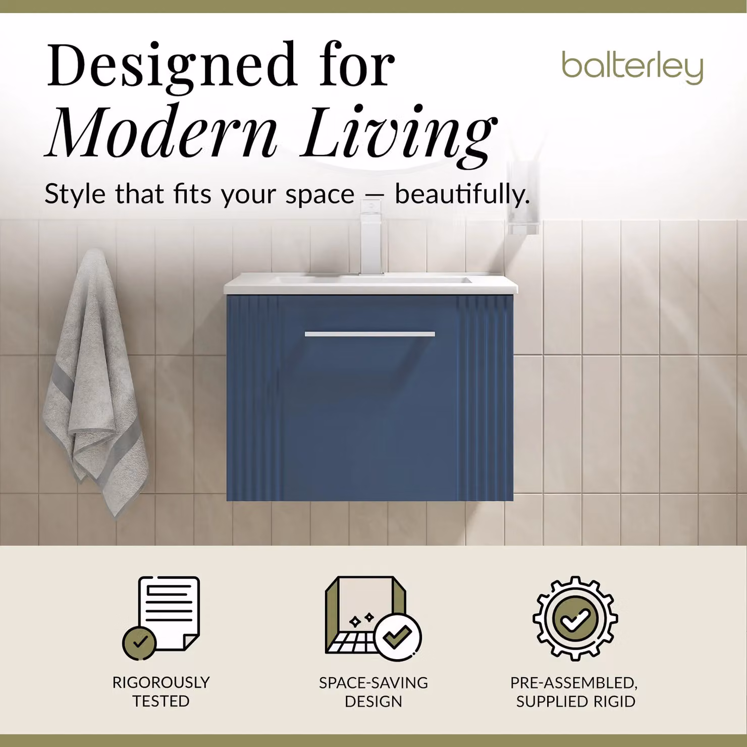 Balterley Wall Hung 1 Drawer Vanity Unit with Minimalist Basin, Satin Blue – 2