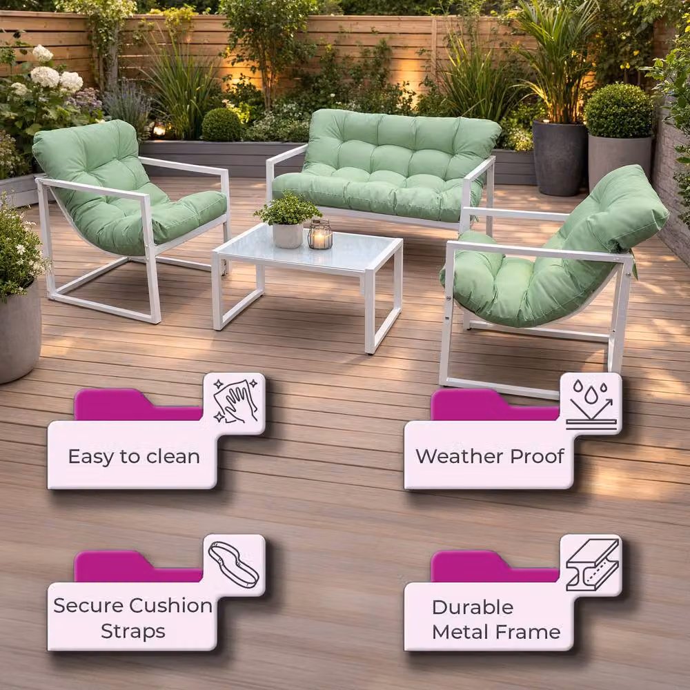 Neo 4 Piece Outdoor Metal Patio Furniture Set with Cushions and Glass Table in Green – 3