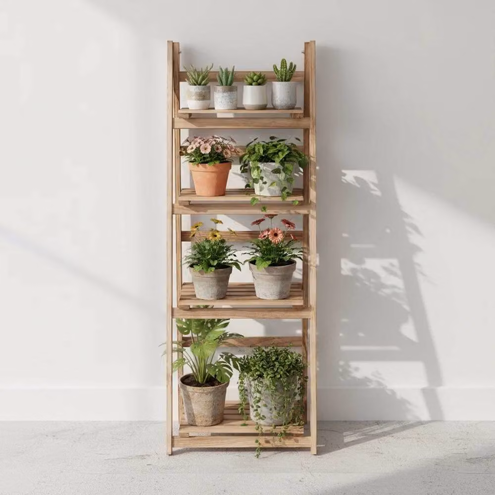 FORGEVIO 4-Tier Foldable Wooden Ladder Shelf for Plants in Brown, H 110.0 x W 34.5 x D 34.5 cm – 3