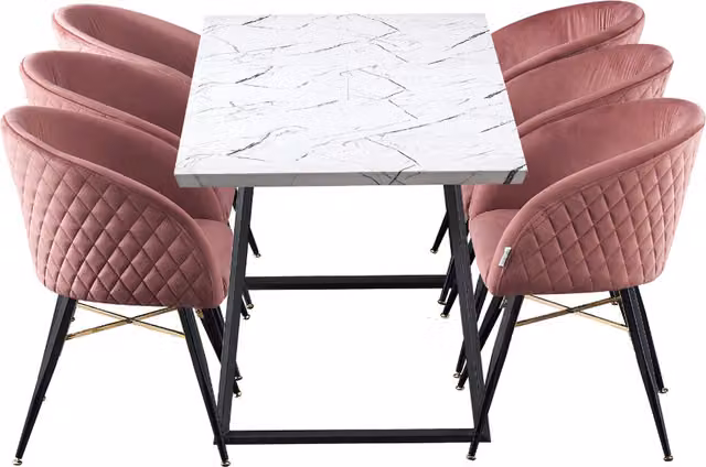 Life Interiors Vittorio Toga LUX Modern Pink Marble Dining Set with Rectangular Table and 6 Chairs