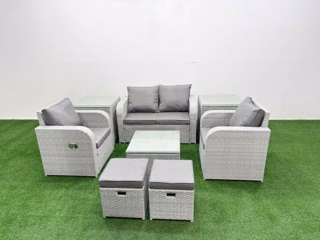 Fimous Light Grey PE Wicker Rattan 6 Seater Garden Furniture Set with Reclining Adjustable Chairs, Square Coffee Table, 2 Small Stools and 2 Side Tables