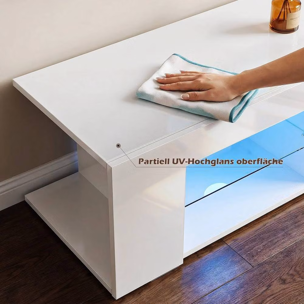 FORGEVIO Modern High Gloss White LED TV Stand Storage Cabinet with Integrated Lighting and Glass Details, Width: 135 cm – 2