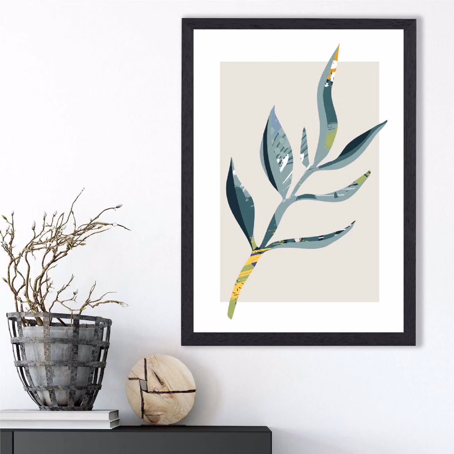 ARTZE Mid Century Modern Papyrus Leaf Framed Print in Petrol, Green and Black – 2