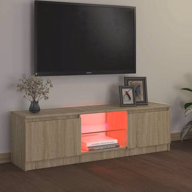 Berkfield Home Modern TV Cabinet with Integrated LED Lights in Sonoma Oak and Beige, W/D/H: 120 x 30 x 35.5 cm – 1