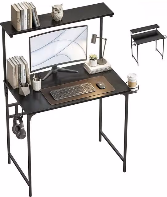 Rolipo Black Computer Desk with Hutch Shelf, Cup Holder and Hook