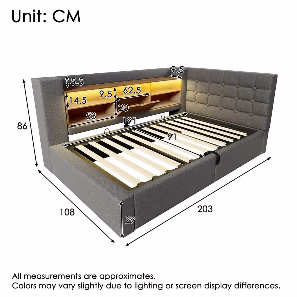 FENCHILIN Single Upholstered LED Daybed Frame in Grey with Hydraulic Storage and USB Charging Station – 5