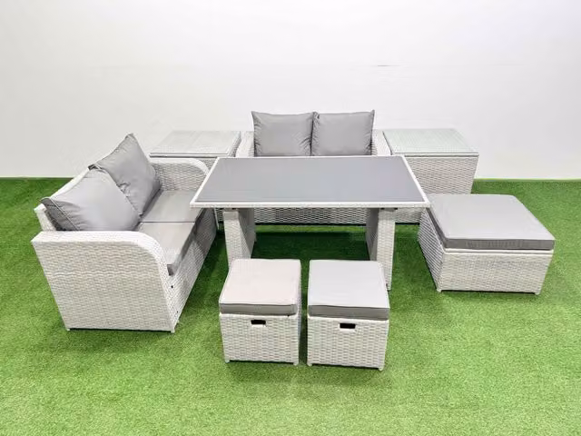 Fimous 8 Piece Outdoor PE Rattan Sofa Set with Cushions and 2 Side Tables in Light Grey