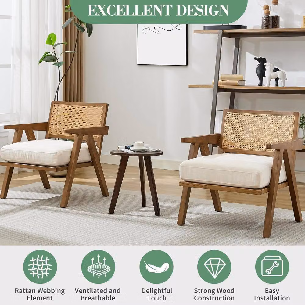 London Boutique Rattan Accent Armchair with Beige Fabric Upholstery – 3