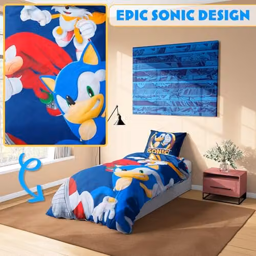 Get Trend Sonic the Hedgehog Single Duvet Cover and Pillowcase Set, Blue and Multicolour, W/D/H: 135 x 200 cm – 3