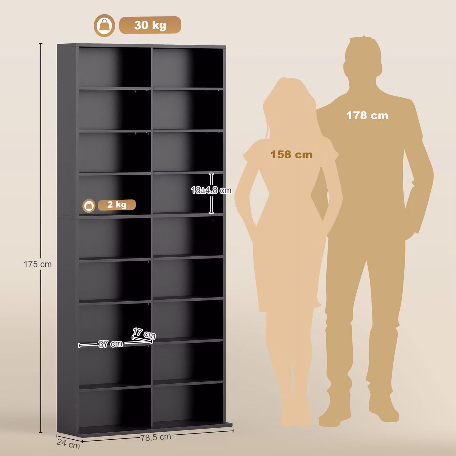 HOMCOM 640 CD Storage Tower in Black with Adjustable Shelves and Media Compartments – 3