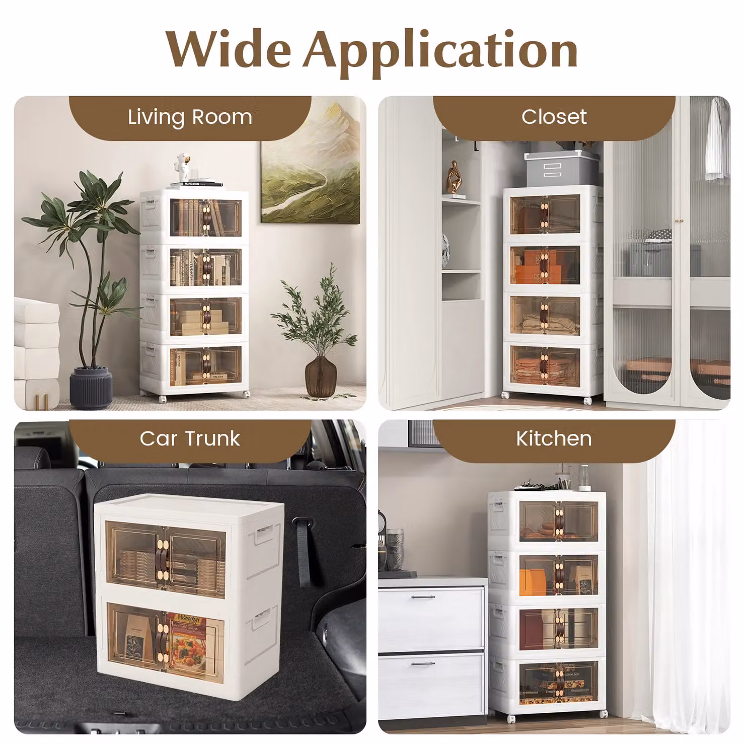 Costway 4 Pack Stackable Folding Storage Cabinets with Lockable Wheels and Glass Doors in White – 4