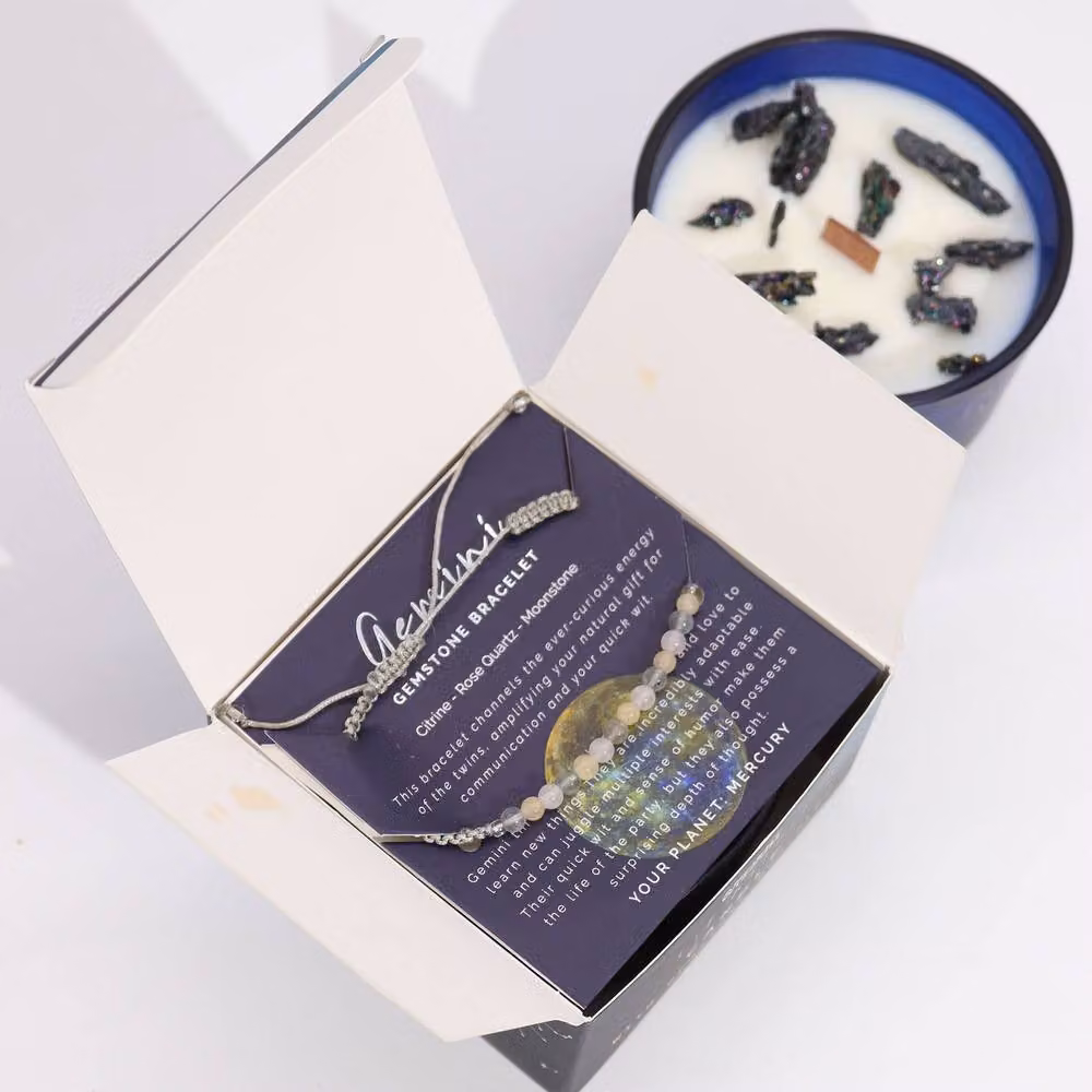 Serenityy Gemini Zodiac Crystal Soy Wax Candle with Blue Gemstone Bracelet – 3