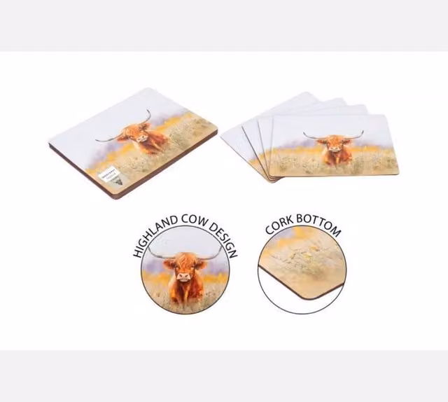 KDMD Rustic Highland Cow Placemats, 4 Pack, Brown, Cork, Non-Slip and Wipe Clean