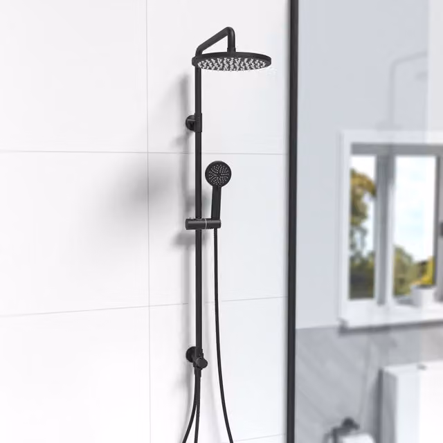 Nes Home Matte Black Exposed Round Shower Mixer Riser Rail Kit with 3 Mode Handset – 1
