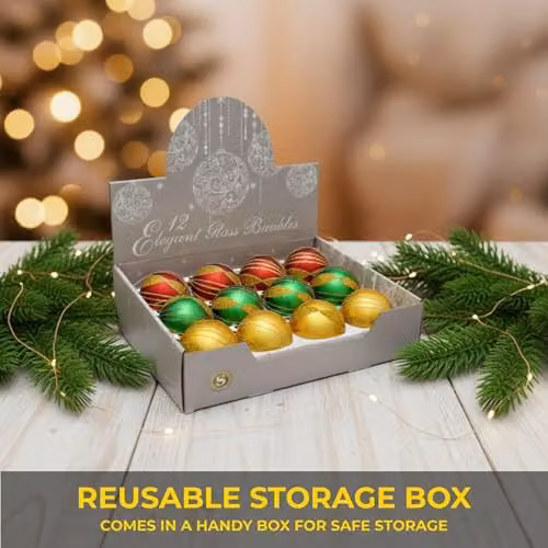 Shatchi 12-Piece Set of Red, Gold, Green and Multicolour Glass Christmas Baubles, 8 cm Round Hanging Ornaments – 2