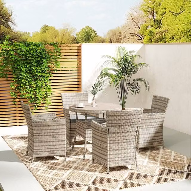 Outsunny 4 Seater Grey Polyrattan Garden Dining Set with Round Table and Cushions