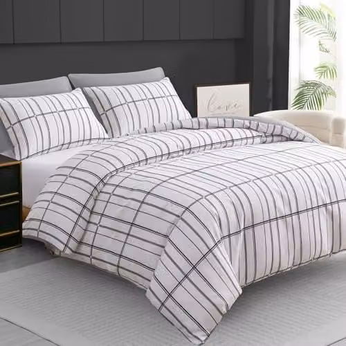 Pamposh Single Reversible Checked Duvet Cover Set in White, Microfibre, W/D/H: 135 x 200 cm with 50 x 75 cm Pillowcase – 1