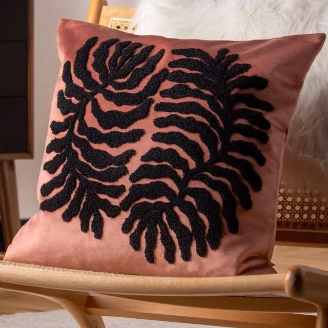Riva Home Maldive Botanical Velvet Tufted Filled Cushion, Rustic Brown and Pink, 45 x 45 cm