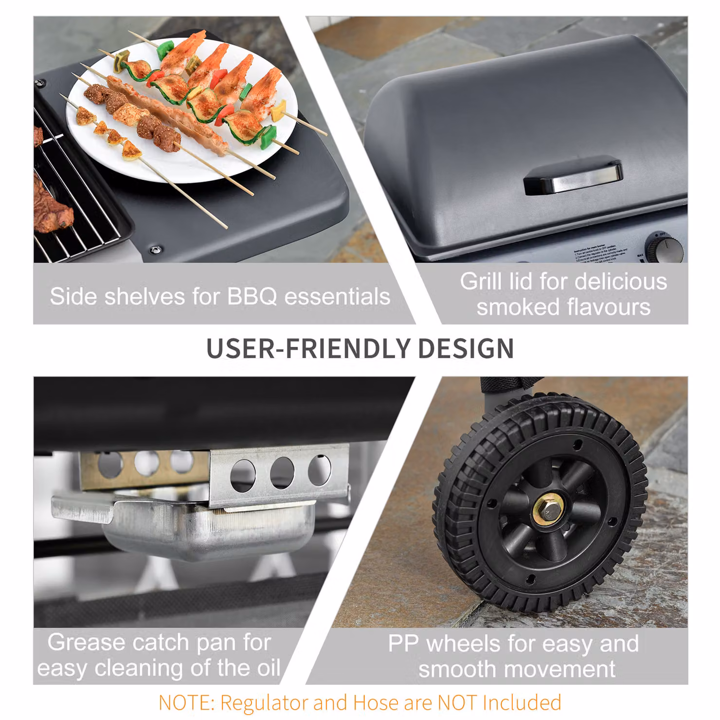 Outsunny 2 Burner Gas BBQ Trolley with Lid, 5.6 kW Gas Barbecue Grill with Wheels and Side Shelves, Grey – 3