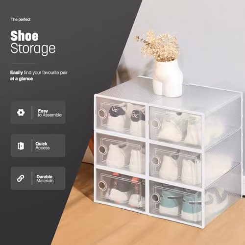 Keplin Stackable Shoe Storage Boxes, 12 Pack, White, W: 33 cm, D: 23 cm, H: 14.5 cm – 3