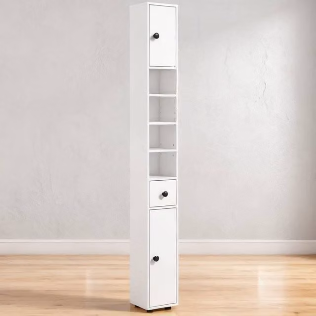 ERGOVEXA Slim White Bathroom Cabinet with Drawers, Shelves and Cupboards, Height: 180 cm