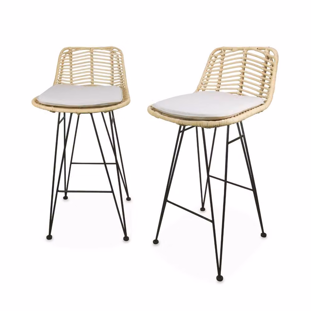 sweeek Pair of Rattan Bar Stools in Light Sand with Metal Frame and Removable Fabric Covers, Height: 67 cm – 2