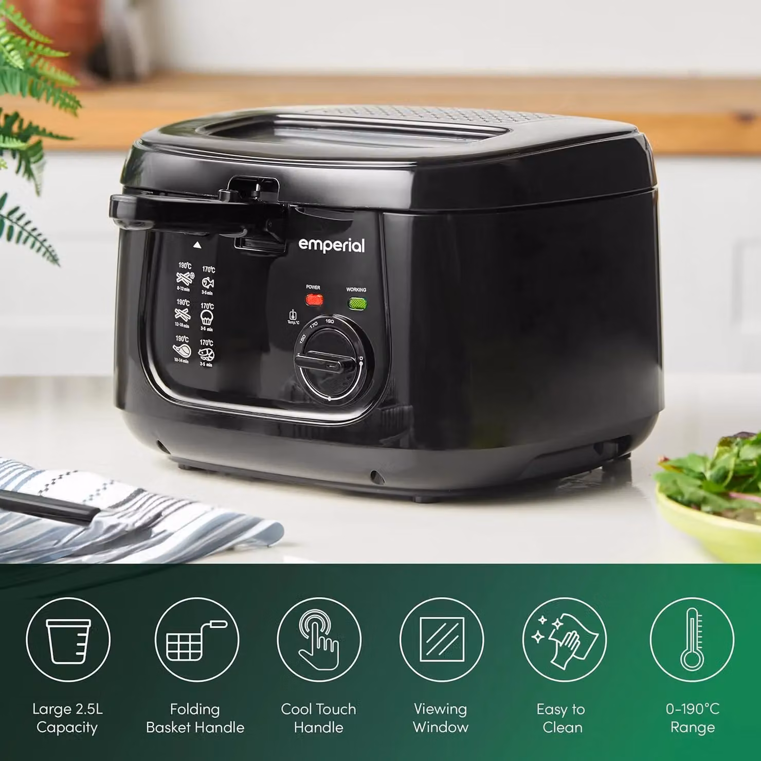 Emperial 1800W Electric Deep Fat Fryer with Non-Stick Basket, 2.5L, Black – 2