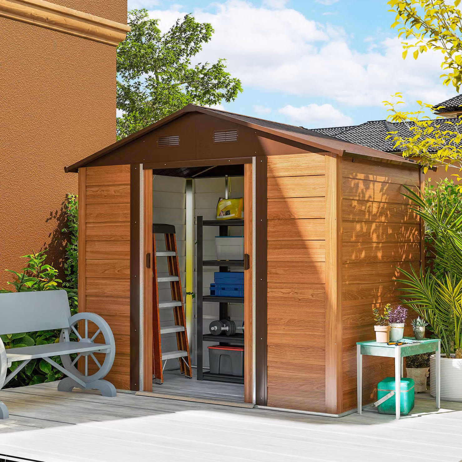 Outsunny Brown Wood Effect Garden Storage Shed with Sliding Door and Pent Roof, W/D/H: 171 x 105 x 66 cm – 2