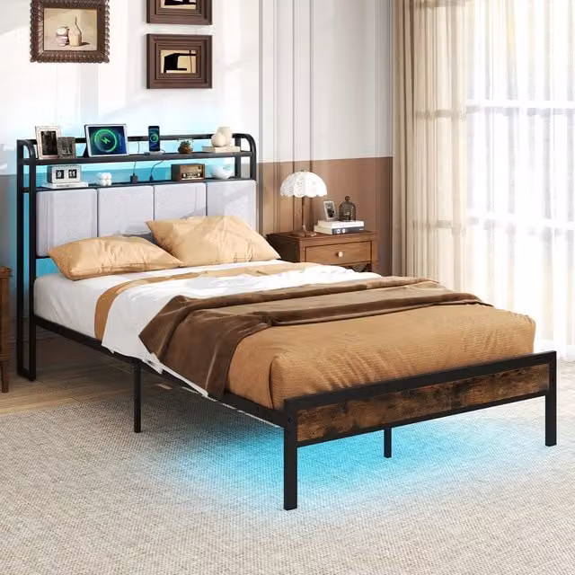 COSTWAY Brown Industrial Double Bed Frame with LED Under-Bed Lighting, USB Charging Ports and Side Compartments, 140 x 200 cm