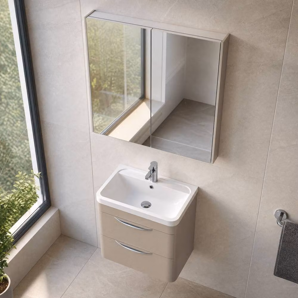 Balterley Aldershawe Wall Hung 2 Drawer Bathroom Vanity Unit with Polymarble Basin in Pebble Grey – 2
