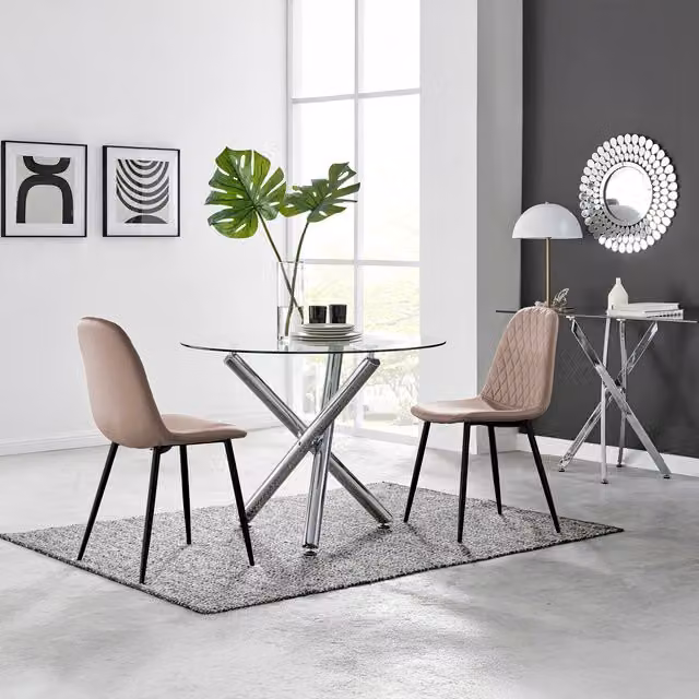 FurnitureboxUK Selina Round Glass Dining Table with Chrome Legs and Two Corona Beige Chairs with Black Legs