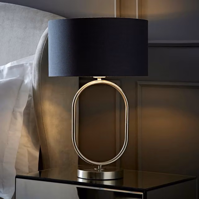 ValueLights Antonia Brushed Chrome Oval Table Lamp with Metallic Drum Shade and LED Bulb in Charcoal Grey