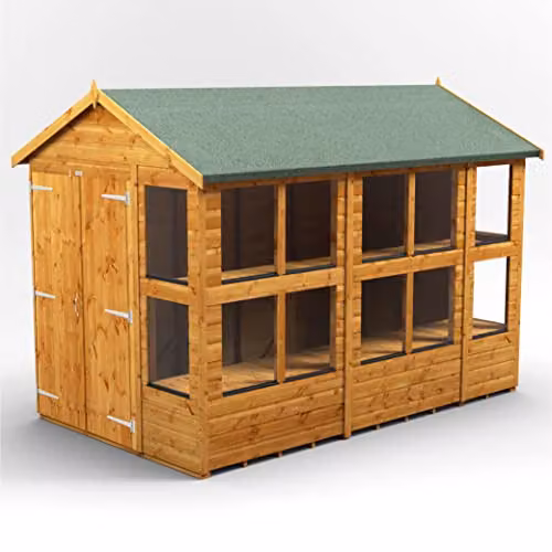Powersheds Premium Apex Wooden Potting Shed with Double Doors and Toughened Glass, Brown