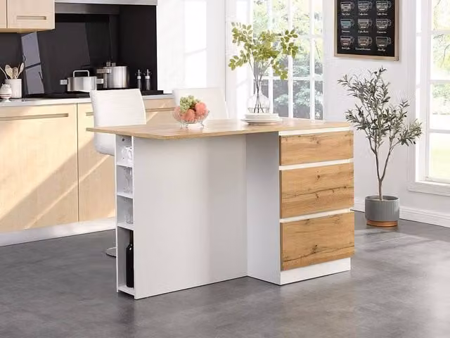 Vente-unique Central Kitchen Island with 6 Drawers and 4 Recesses in Light Natural Oak, W/D/H: 140 x 91 x 80 cm