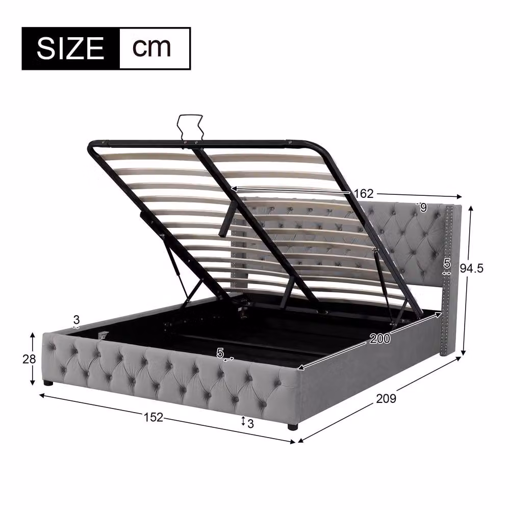 Merax Grey Velvet Upholstered King Size Ottoman Storage Bed Frame with Lift Up Base W: 150 cm, D: 200 cm – 3