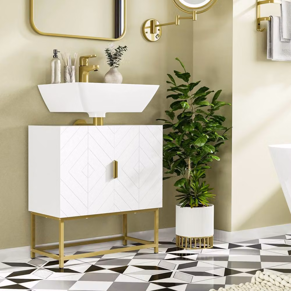 STILVORA Modern White and Gold Under Sink Bathroom Cabinet with Hinged Doors and LED Lighting – 3