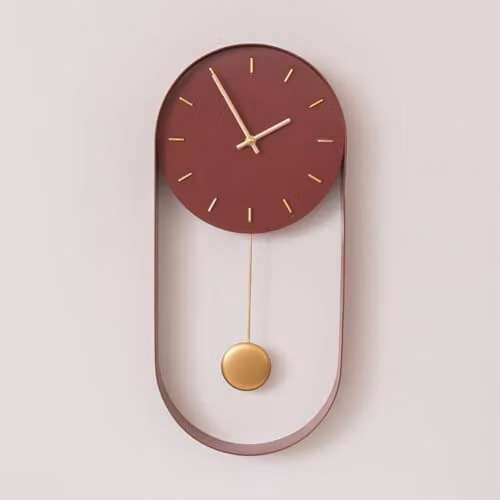 Melody Maison Raspberry Red and Gold Pendulum Metal Analogue Wall Clock, W/H: 20 x 55 cm