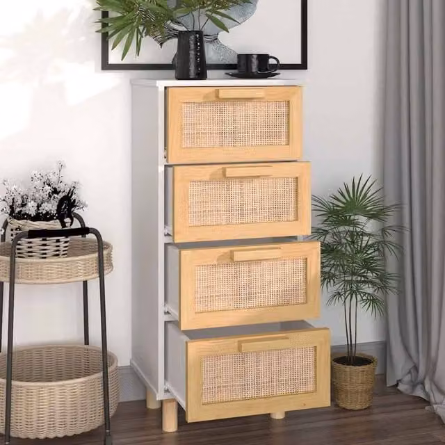 Berkfield Home White Sideboard in Solid Pine and Natural Rattan, W/D/H: 40 x 30 x 90 cm
