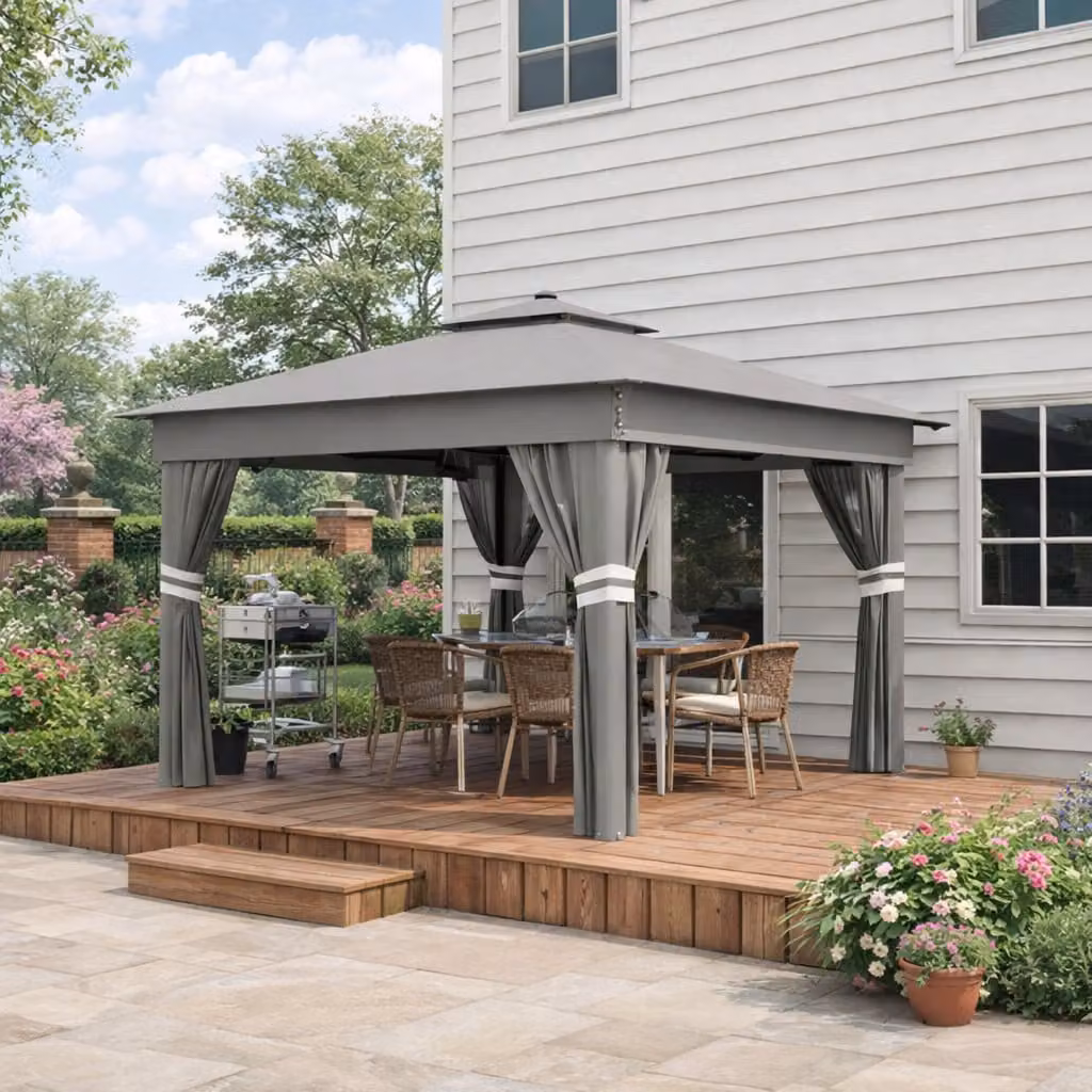 Outsunny Grey Pop-Up Garden Gazebo with Solar LED Lights, Instant Event Party Tent with Curtains and Netting, W: 300 cm x D: 300 cm – 2