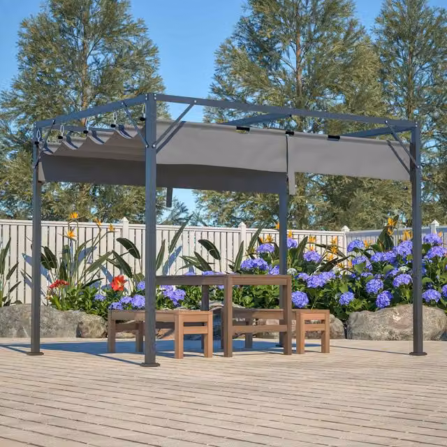 BIRCHTREE Steel Frame Pergola with Adjustable PE Canopy in Grey, W: 300 cm, D: 200 cm