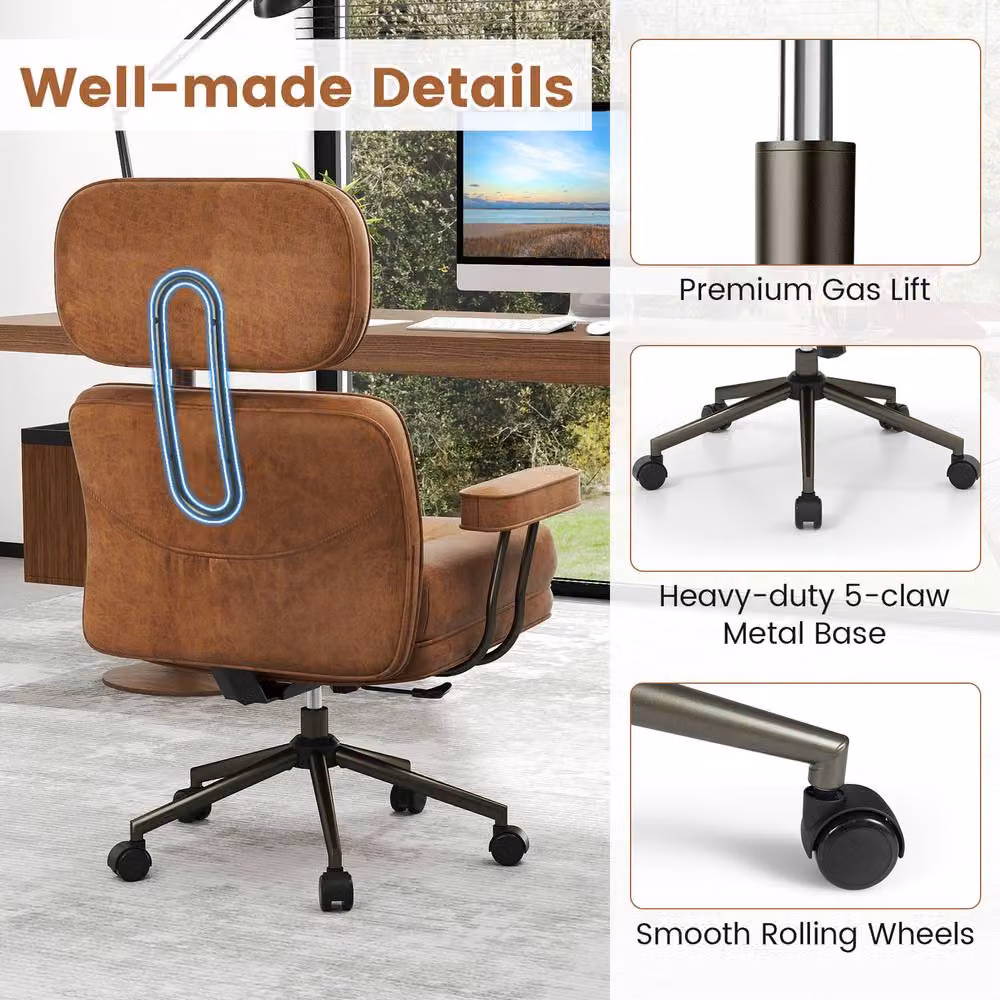 Costway Ergonomic Mid-Century Home Office Swivel Chair with Headrest in Brown – 8