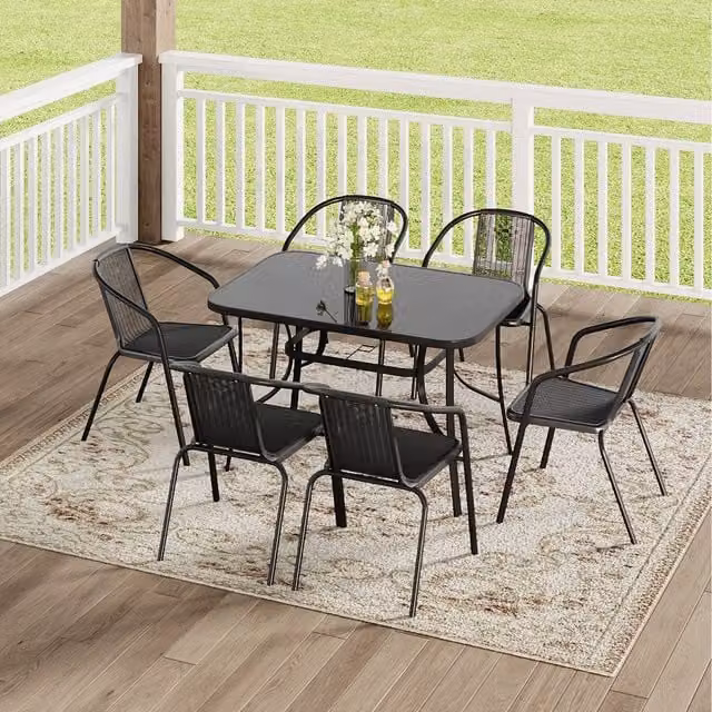 Komore Black Rattan Patio Set with Tempered Glass Table and Six Chairs